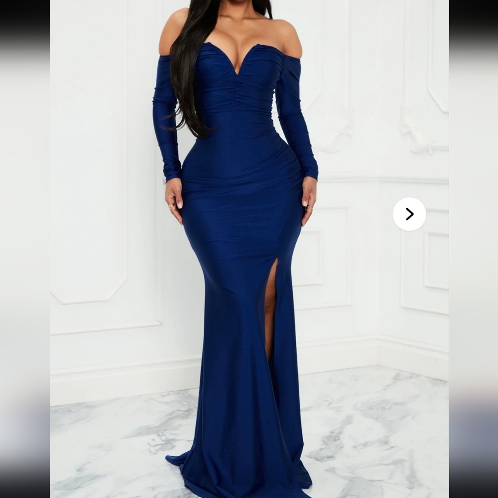 Fashion Nova Blue Long Sleeve Off the Shoulder Slit Gown